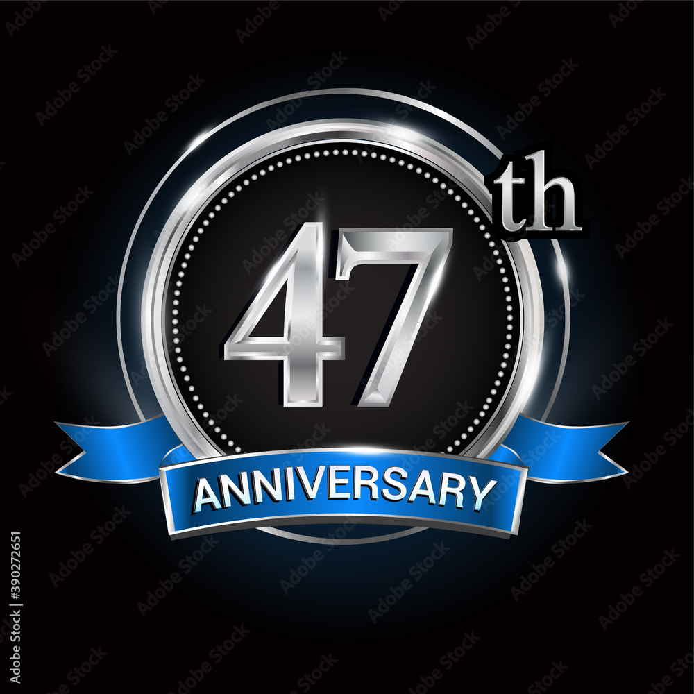 Celebrating 47th anniversary logo. with silver ring and blue ribbon. Celebrating 47th anniversary logo. with silver ring and blue ribbon.