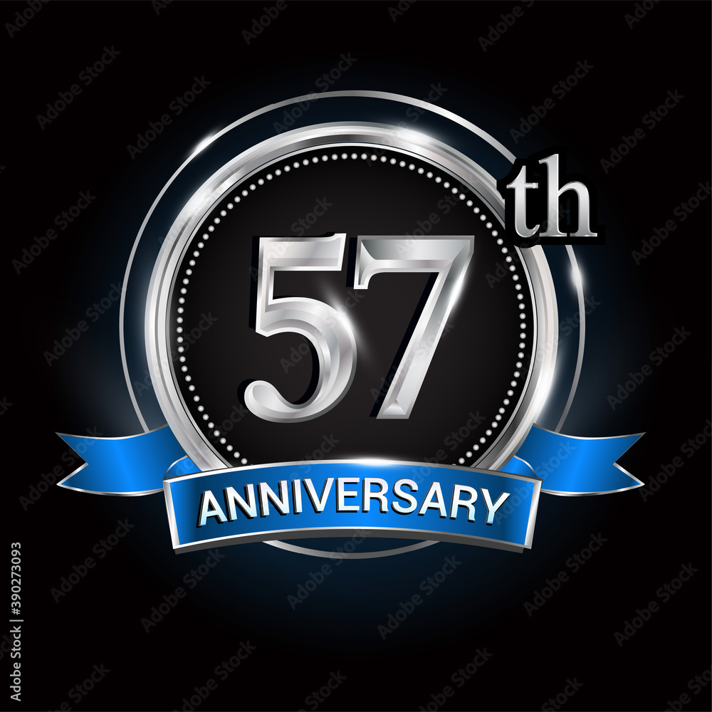Celebrating 57th anniversary logo. with silver ring and blue ribbon.