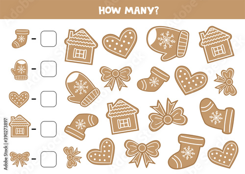 Counting game for children. Christmas Gingerbread cookies.