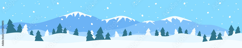 winter landscape panorama with mountain snow drifts pine trees