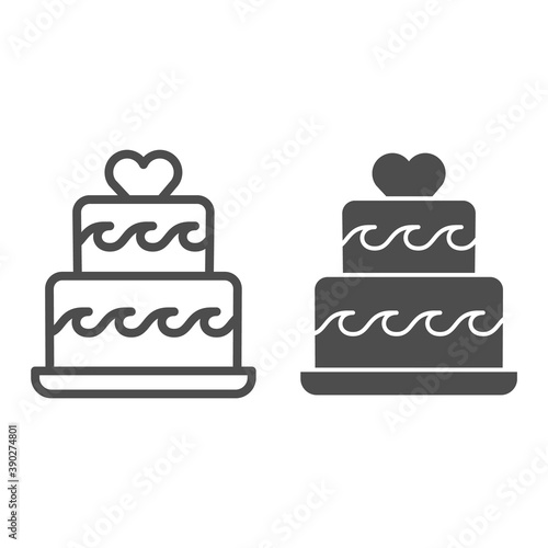 Two tiered cake with heart line and solid icon, Birthday cupcake concept, wedding cake sign on white background, Two-tiered festive souffle with decor icon in outline style. Vector graphics.