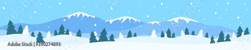 winter landscape panorama with mountain snow drifts pine trees