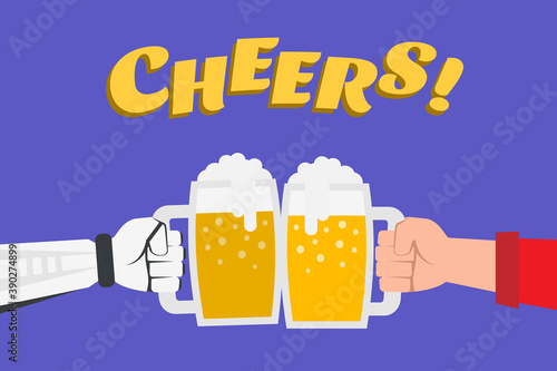 man and robot  hands with beer mugs clinking  cheers .human and artificial intelligence  friendship concept