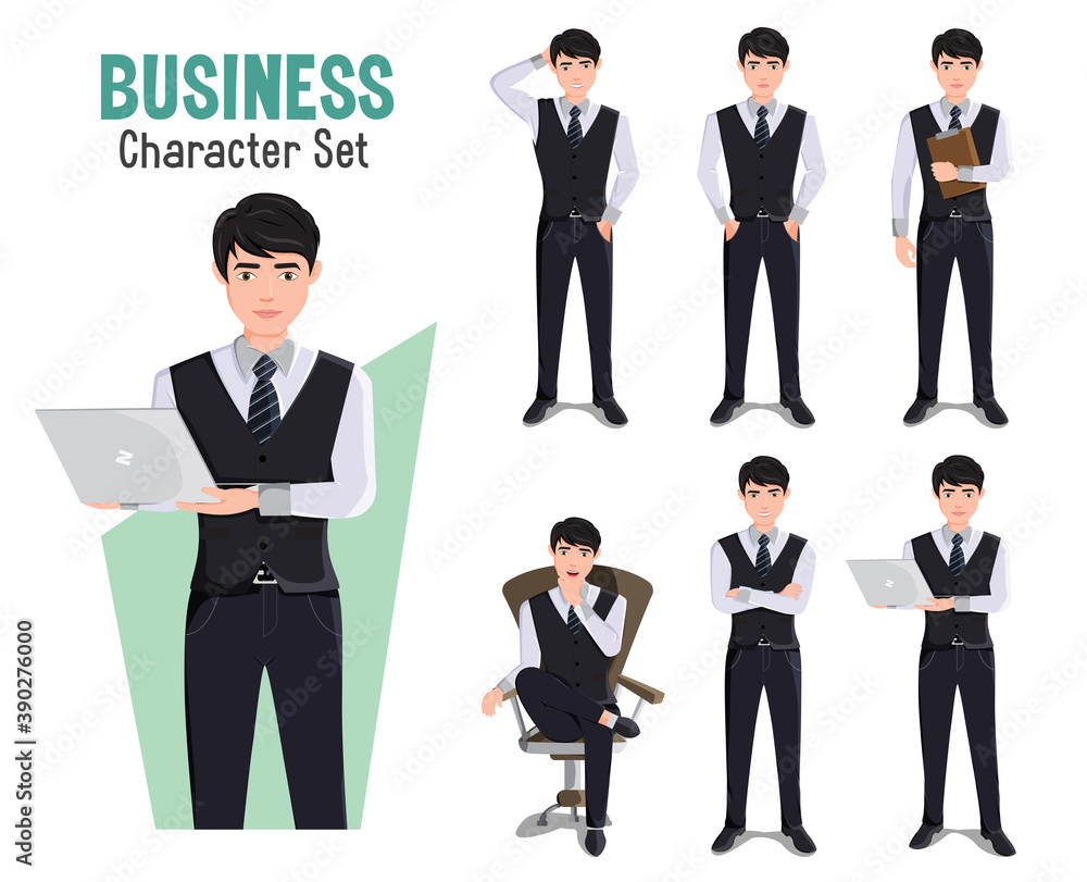 Businessman vector character set. Business man office characters in holding laptop, working and thinking pose and gestures for male employee cartoon design collection. Vector illustration.
Businessman vector character set. Business man office characters in holding laptop, working and thinking pose and gestures for male employee cartoon design collection. Vector illustration.