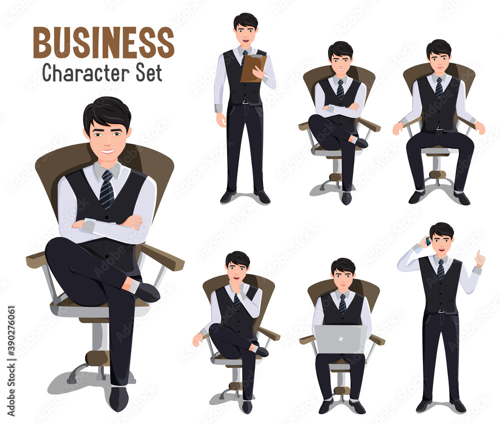 Businessman vector characters set. Business man character in different pose and gestures like sitting, reading and calling for young male employee cartoon collection. Vector illustration. Businessman vector characters set. Business man character in different pose and gestures like sitting, reading and calling for young male employee cartoon collection. Vector illustration.