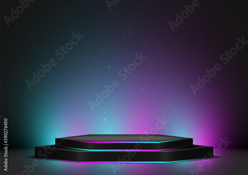 Hexagon black podium, decoration with neon light colorful design on dark background. Stage empty for decor product, advertising, show, contest, award, winner. Vector illustration.