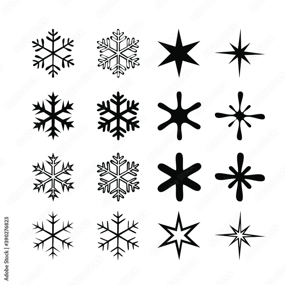 Snowflake winter set of black isolated, silhouette on white background. Vector illustration 