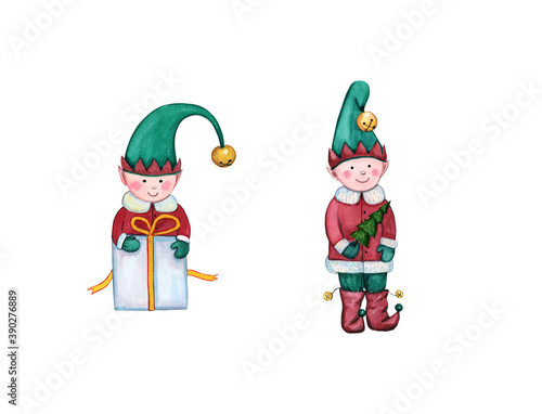Christmas set cute elves isolated on a white background. Cute fairy-tale characters. Dwarfs. Watercolor illustration. © Елена Попова