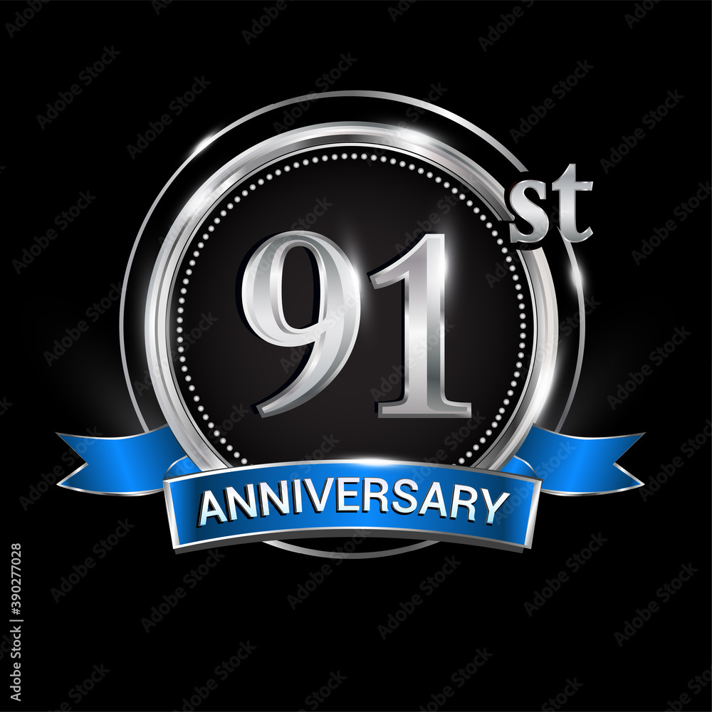 Celebrating 91st anniversary logo. with silver ring and blue ribbon. Celebrating 91st anniversary logo. with silver ring and blue ribbon.