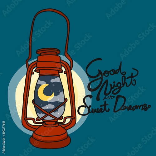 Goodnight and sweet dreams vintage lamp with moon and cloud inside cartoon vector illustration
