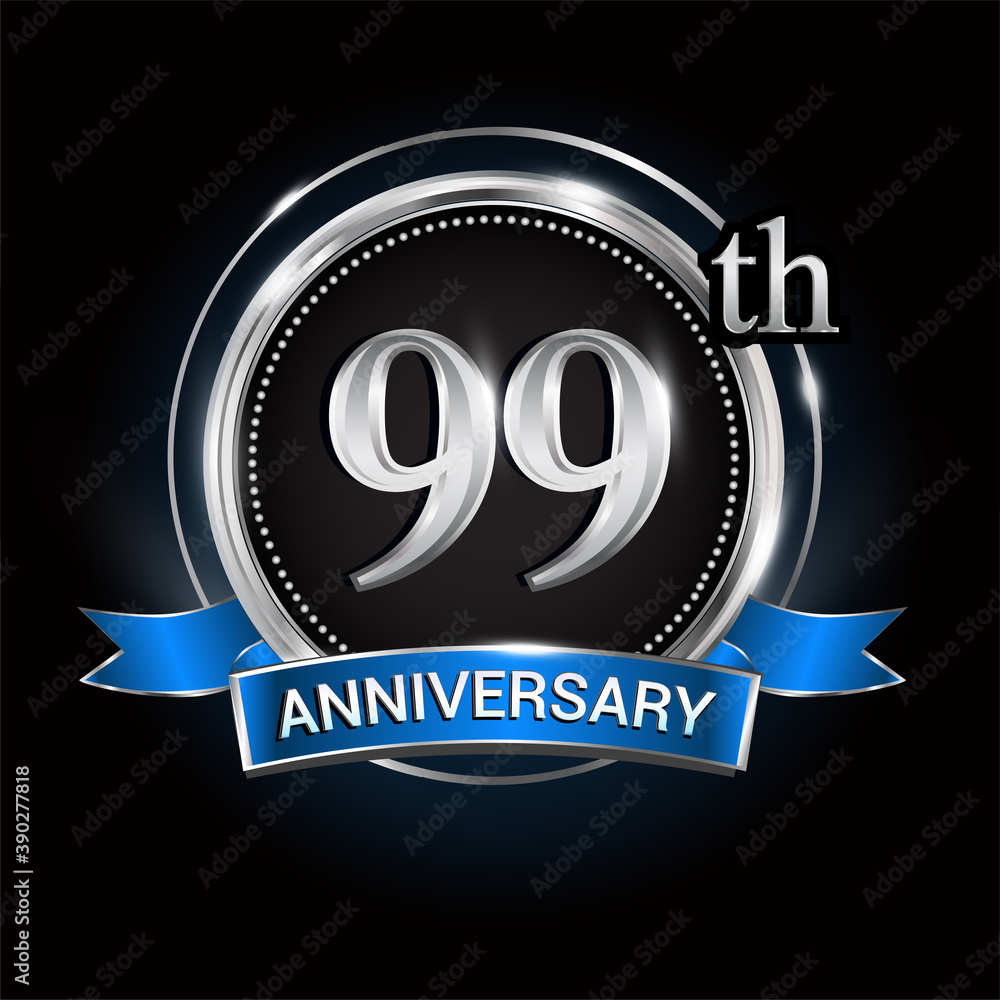 Celebrating 99th anniversary logo. with silver ring and blue ribbon. Celebrating 99th anniversary logo. with silver ring and blue ribbon.