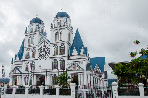 Immaculate Conception Cathedral surrounded by plants under a cloudy sky in Apia, Samoa photo