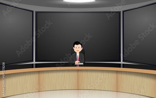 broadcaster on the white table and lcd background in the news studio room	