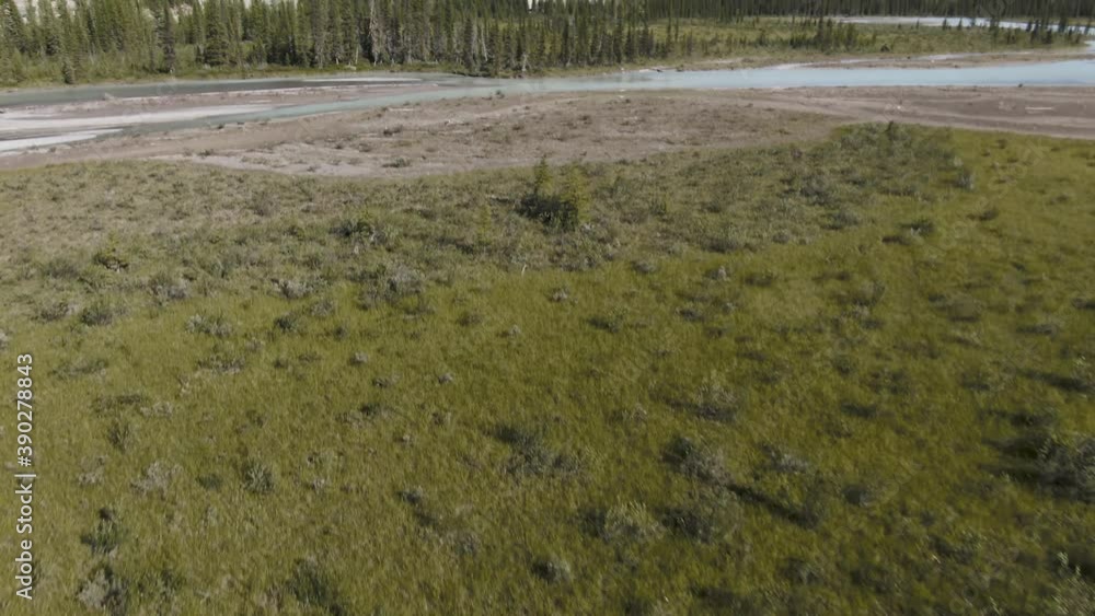 AERIAL: Tilt Up Dolly Shot of a Reveal of a Mountain Surrounded by Trees Near a River on a Sunny Day AERIAL: Tilt Up Dolly Shot of a Reveal of a Mountain Surrounded by Trees Near a River on a Sunny Day