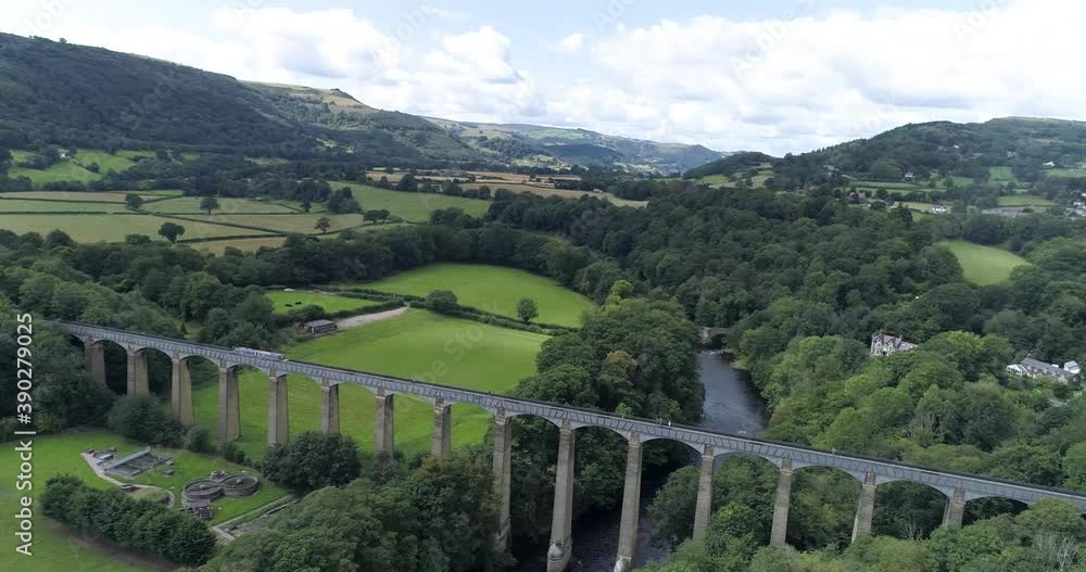Pull back aerial shot above Llangollen aqueduct in East Wales Pull back aerial shot above Llangollen aqueduct in East Wales