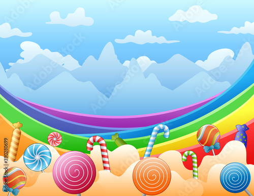 Sweet candies and rainbow on the sky