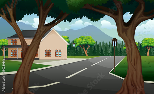 Street scene with building and nature background