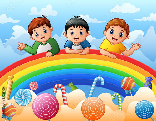 Three boys on a rainbow illustration