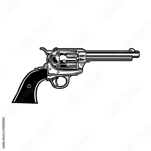 Old revolver vector illustration. Monochrome vintage gun, handgun, pistol. Western or weapon concept for gang emblems or tattoo templates