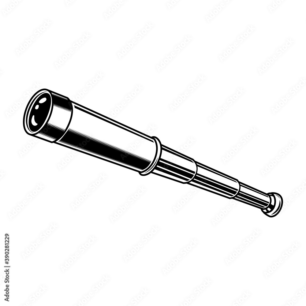 Spyglass vector illustration. Monochrome spy pipe, nautical ling glass. Sailing or maritime navigation concept for labels or emblems templates Spyglass vector illustration. Monochrome spy pipe, nautical ling glass. Sailing or maritime navigation concept for labels or emblems templates