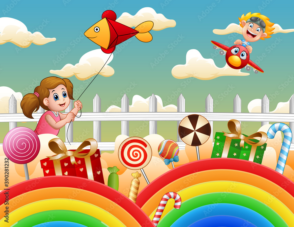 Happy children playing in wonderland illustration Happy children playing in wonderland illustration