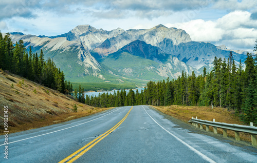 Rural road in the forest with mountains in the background. Alberta Highway 11 (David Thompson Hwy) along the Abraham lake shore. Jasper National Park, Canada.
