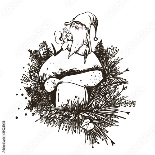Outline illustration of garden gnome sitting on a mushroom. Cute fairytale character