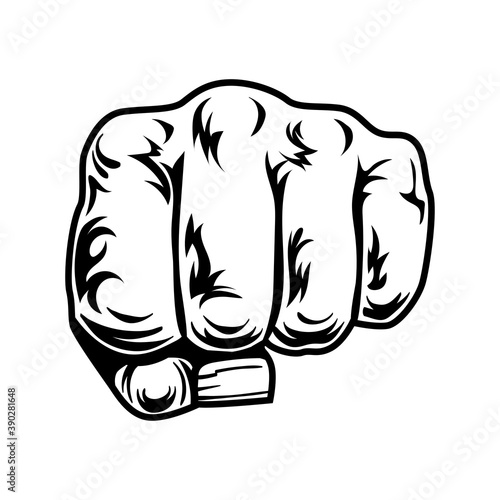Punch vector illustration. Monochrome arm, gangster fist. Street fight and mafia concept for fight club emblems or tattoo templates