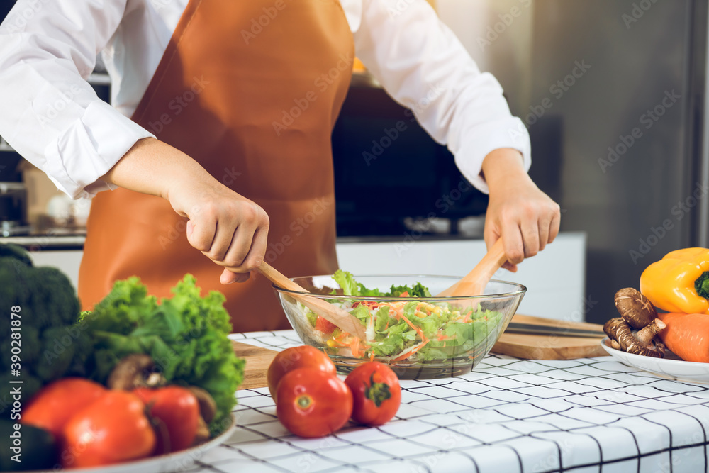 Asian woman is mixing the ingredients in a salad bowl at the kitchen cooking table. Asian woman is mixing the ingredients in a salad bowl at the kitchen cooking table.