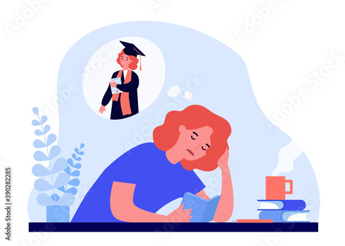 Tired woman learning for sake of diploma. Book, coffee, student flat vector illustration. Education and homework concept for banner, website design or landing web page
