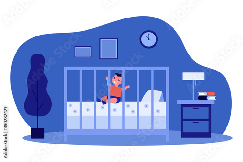 Little baby crying in cot at night. Room, newborn, toddler flat vector illustration. Childhood and weeping concept for banner, website design or landing web page