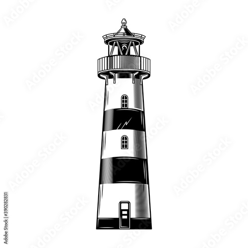Vintage lighthouse building vector illustration. Monochrome classical beacon. Nautical world or maritime navigation concept for labels or emblems templates