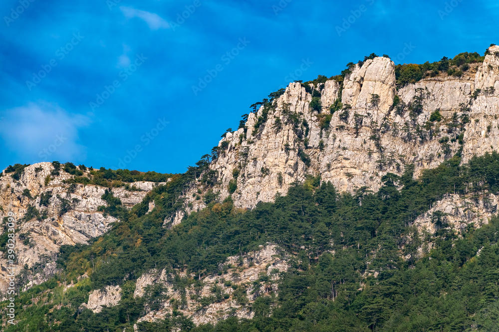 High mountains with forested slopes and peaks on blue sky background