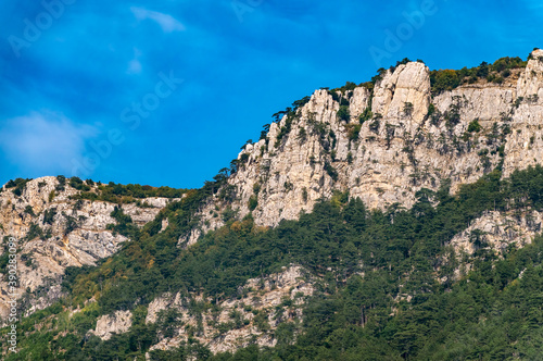 High mountains with forested slopes and peaks on blue sky background