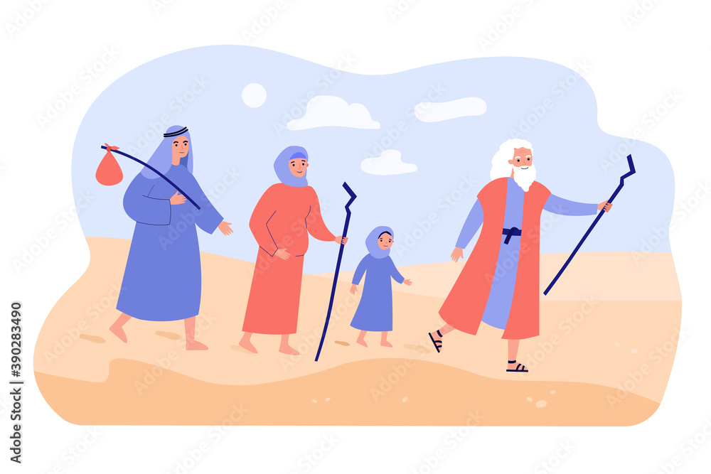 Moses the prophet leading Christian people through desert. Vector illustration for bible characters, mythology, history, Christianity concept