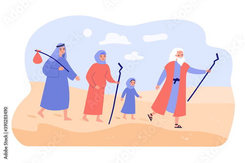 Moses the prophet leading Christian people through desert. Vector illustration for bible characters, mythology, history, Christianity concept