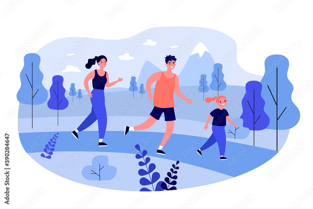 Happy family jogging outdoors. Running, kid, sport flat vector illustration. Healthy lifestyle and activity concept for banner, website design or landing web page