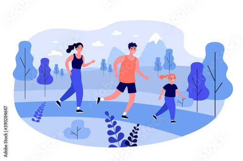 Happy family jogging outdoors. Running, kid, sport flat vector illustration. Healthy lifestyle and activity concept for banner, website design or landing web page