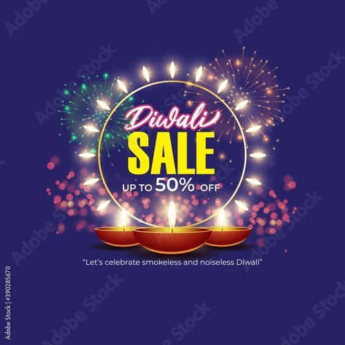 Diwali Festive Season Sale banner, up to 50% cashback. Limited offer Dipawali, Indian festival, diya lamp, oil lamp, get an assured gift, vector illustration offer banner, advertisement