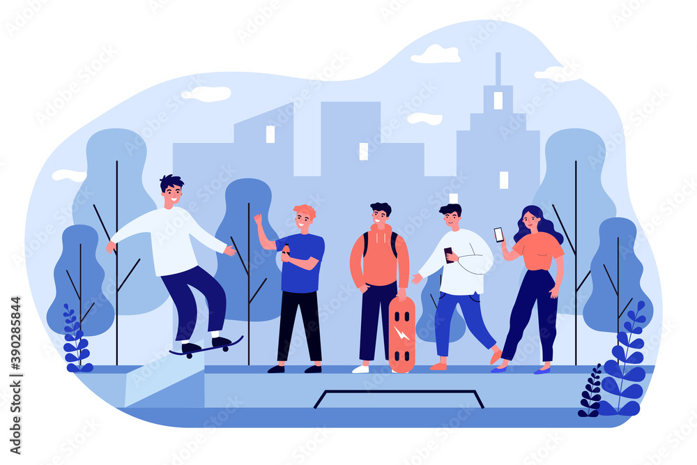 Young people watching tricks on skateboard. Street, friend, skill flat vector illustration. Outdoor activity and extreme sport concept for banner, website design or landing web page Young people watching tricks on skateboard. Street, friend, skill flat vector illustration. Outdoor activity and extreme sport concept for banner, website design or landing web page