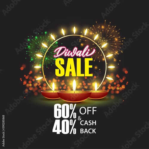 Diwali Festive Season Sale banner, up to 50% cashback. Limited offer Dipawali, Indian festival, diya lamp, oil lamp, get an assured gift, vector illustration offer banner, advertisement