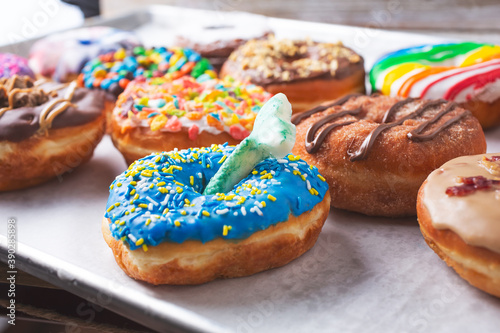 A view of several colorful assorted donuts on a baking sheet.