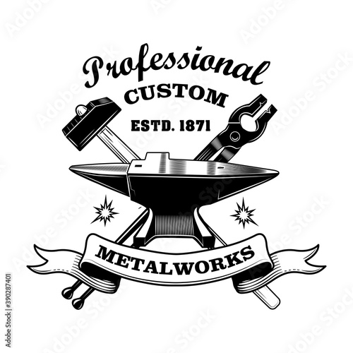 Blacksmiths tools vector illustration. Crossed hammer, pliers, anvil, professional custom text. Craft and metalwork concept for emblems or labels templates