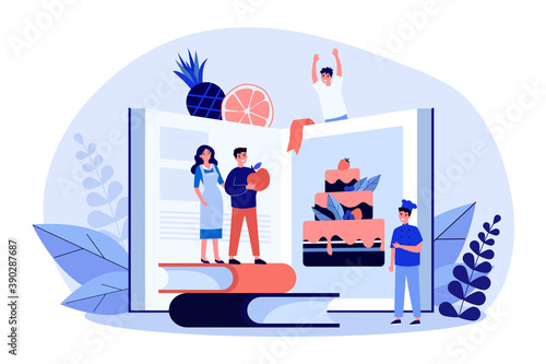 Tiny people learning culinary course. Cake, dessert, sweet flat vector illustration. Education and cuisine concept for banner, website design or landing web page