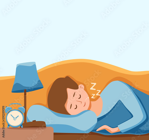 Boy kid sleep in bed at night vector illustration. Child in pajama having a sweet dream in bedroom