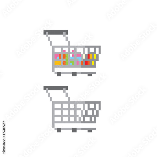 Empty and full shopping cart from the hypermarket. Pixel art. Old school computer graphic. 8 bit video game. Game assets 8-bit sprite. 16-bit.