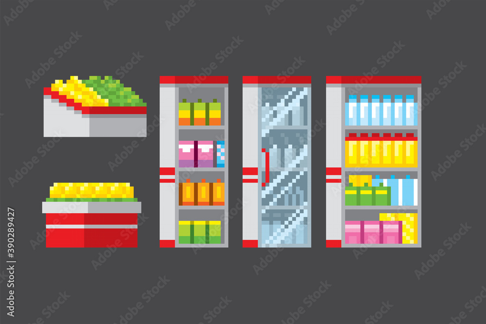 Showcase in a hypermarket Pixel art. Old school computer graphic. 8 bit video game. Game assets 8-bit sprite. 16-bit. Showcase in a hypermarket Pixel art. Old school computer graphic. 8 bit video game. Game assets 8-bit sprite. 16-bit.