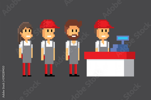 Vendors in the supermarket. Pixel art. Old school computer graphic. 8 bit video game. Game assets 8-bit sprite. 16-bit.
