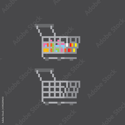 Empty and full shopping cart from the hypermarket. Pixel art. Old school computer graphic. 8 bit video game. Game assets 8-bit sprite. 16-bit.
