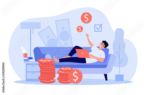 Happy successful freelancer working and earning money at home. Vector illustration for freelance, financial success, investment, trades concept